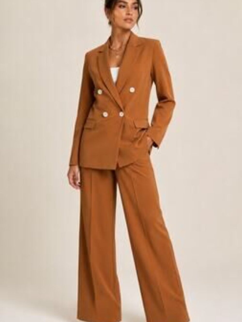Bershka Camel Double Breasted Pantsuit Small Tailored Blazer Wide Leg Trousers